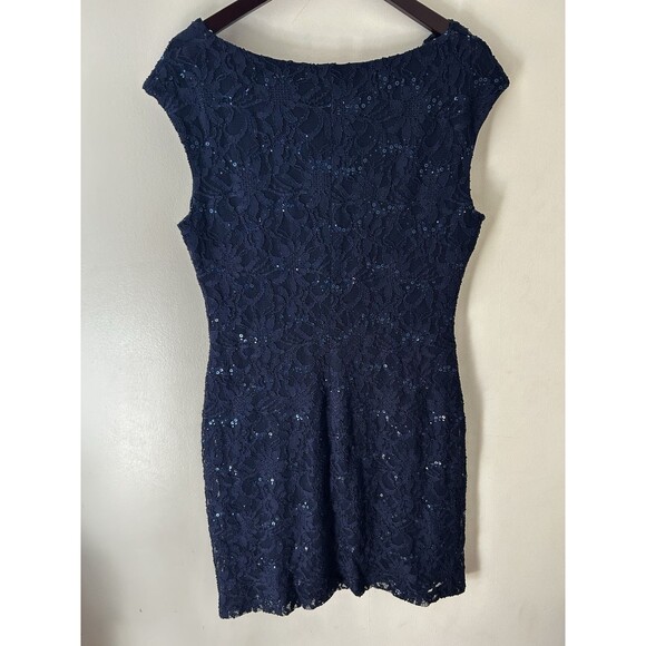 Lauren Ralph Lauren Dress Women's 14 Navy Lace Sequin Drape Neck Dark Romantic - Picture 2 of 8